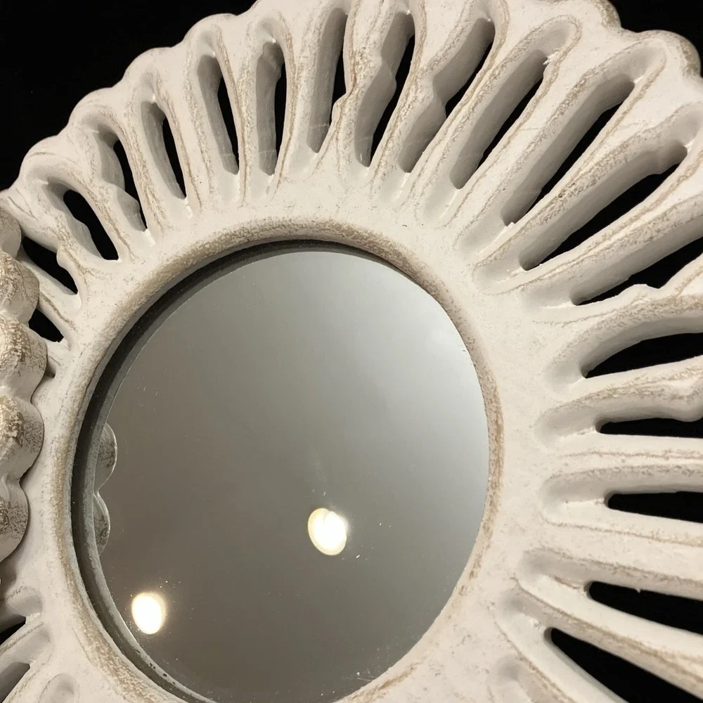 2 Antiqued White Distressed Rosin Decorative Accent Sunburst Wall Mirrors 10”